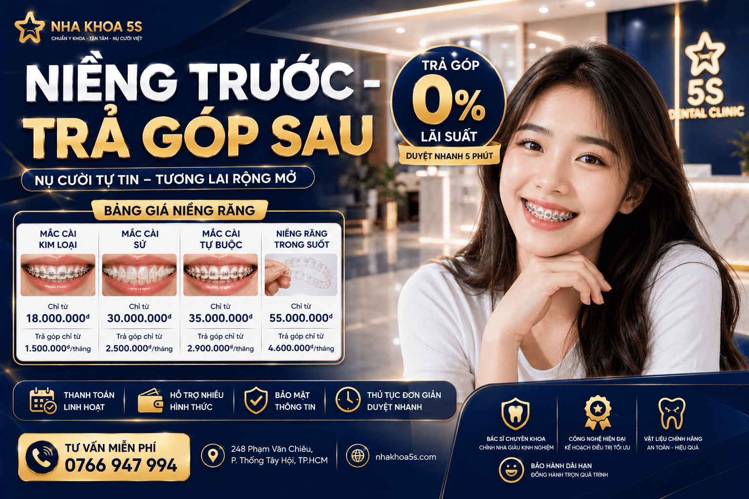 Bảng giá niềng răng trả góp theo mắc cài kim loại và mắc cài sứ