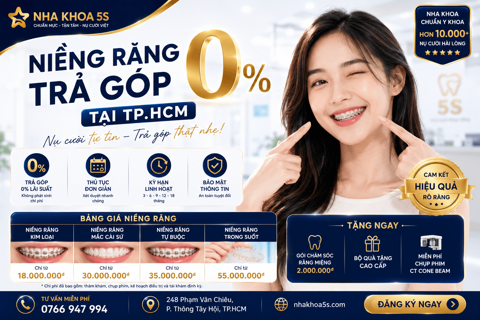 Bảng giá niềng răng tại TP.HCM theo mắc cài kim loại và mắc cài sứ