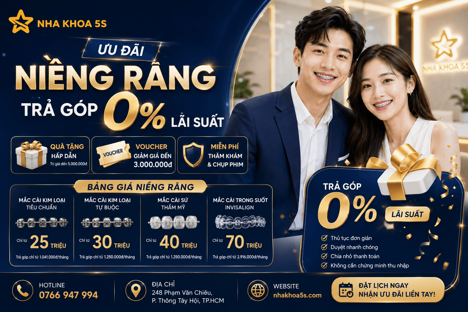 Bảng giá niềng răng trả góp 0 lãi suất giúp khách hàng chủ động tài chính